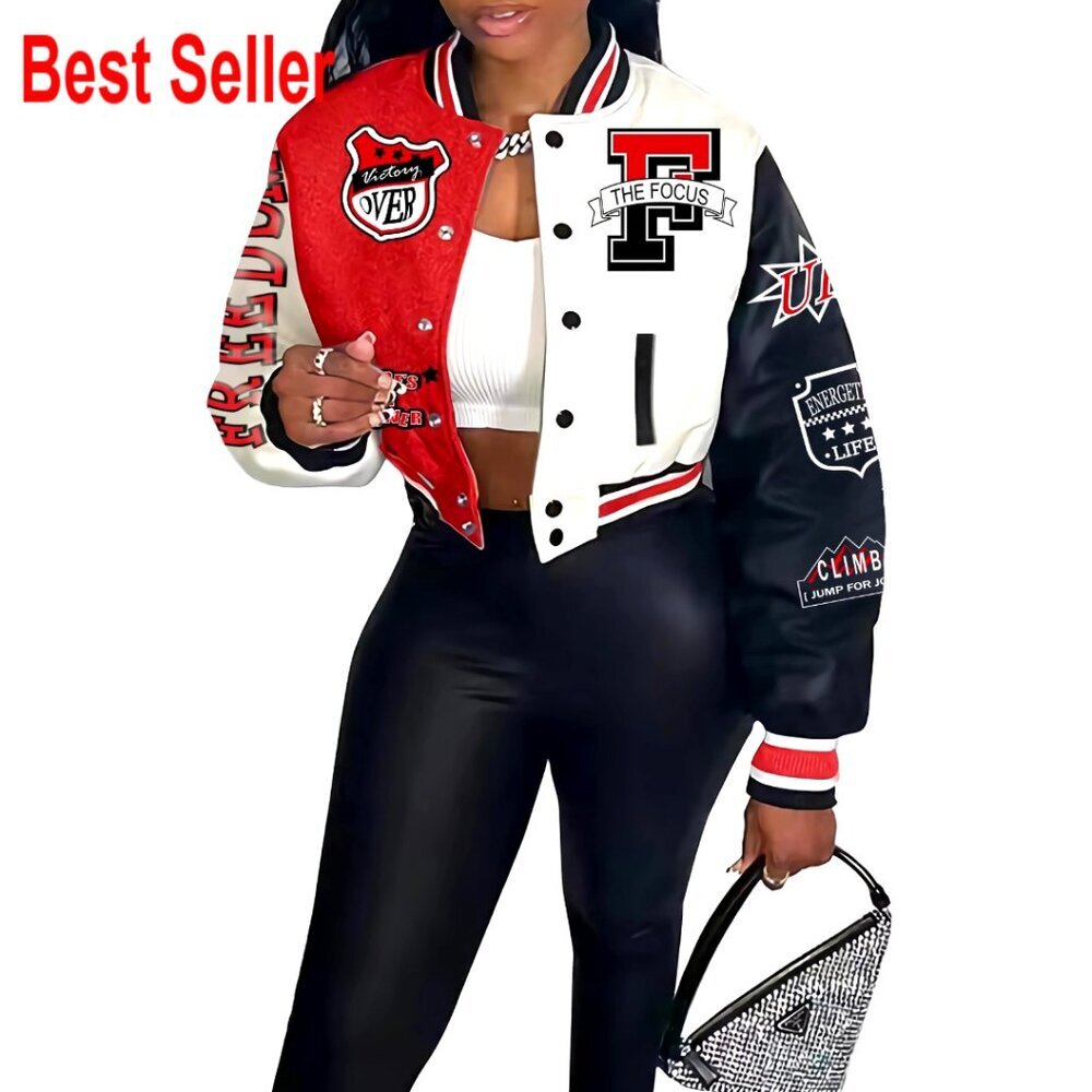 Cropped Varsity Bomber Jacket Lightweight Button Down Y2K Streetwear